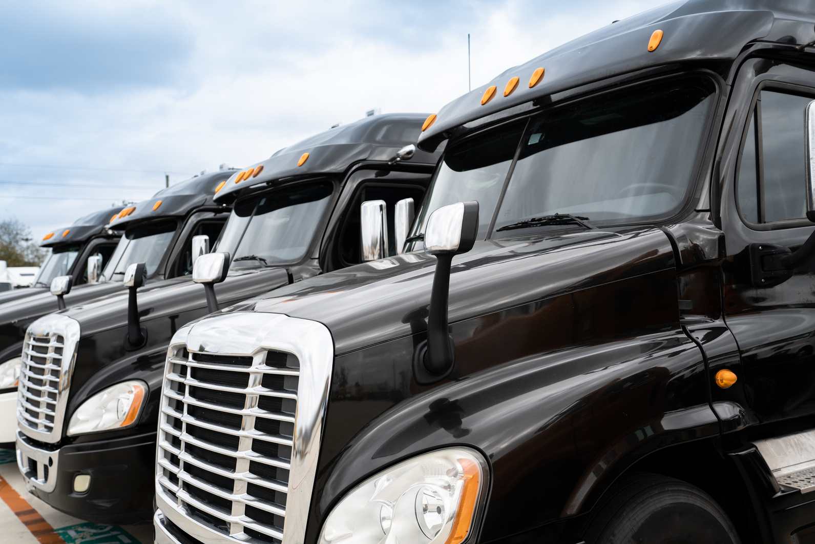 Fleet of black 18 wheeler commercial semi-trucks
